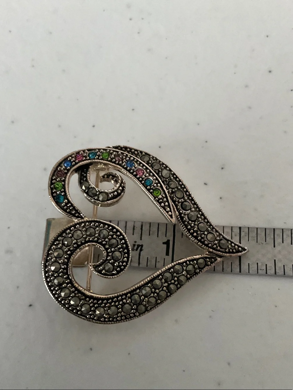 Silver-Tone Heart-Shaped Marcasite and Multi-Stone Brooch